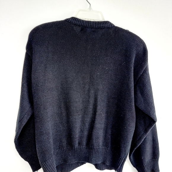 Vintage Cardigan Sweater Floral Bobbled Cable Knit Shoulder Pads Navy Cotton Y2K - Picture 13 of 16